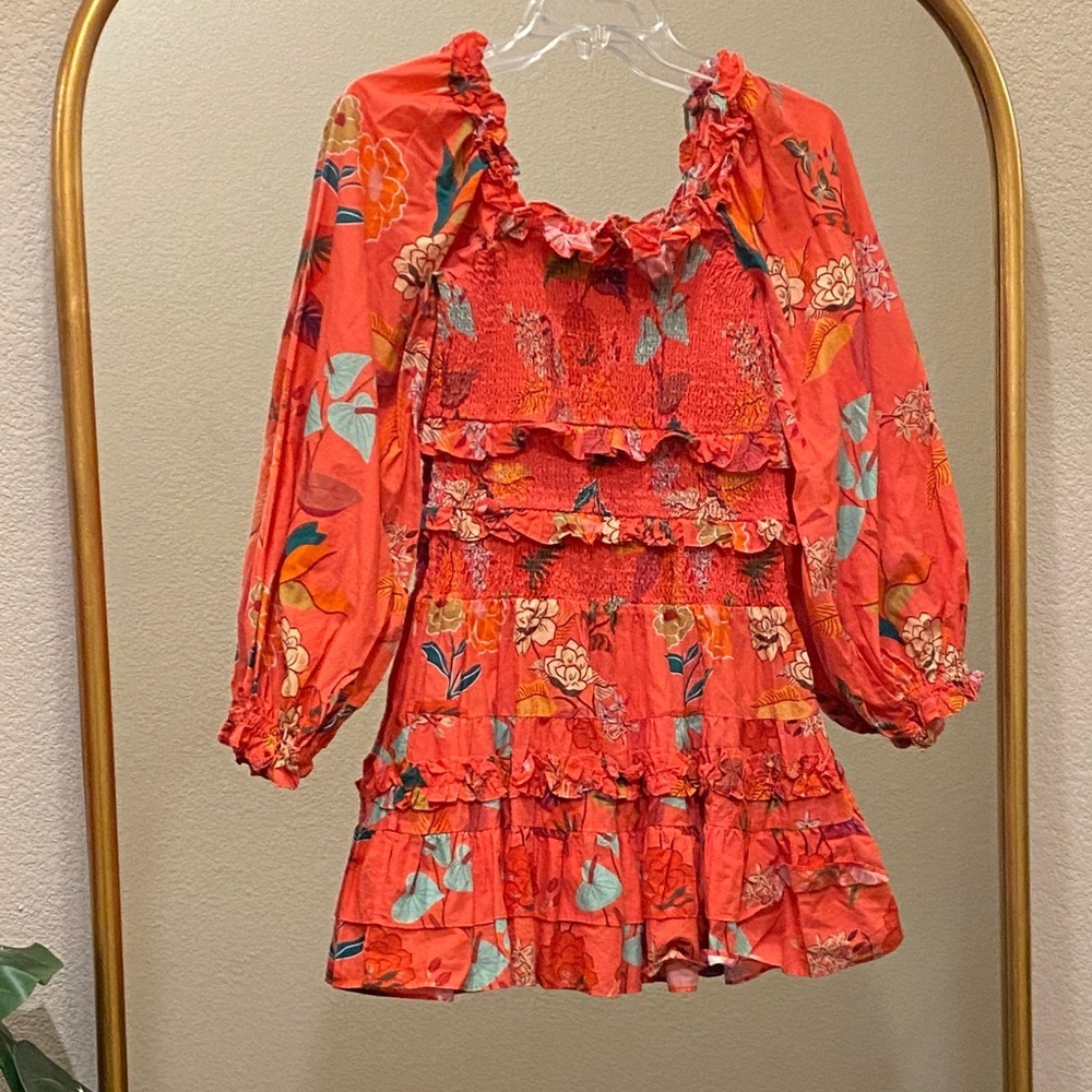 Farm Rio for Anthropologie Smocked Ruffle Floral Mini Dress Size S - Picture 2 of 13